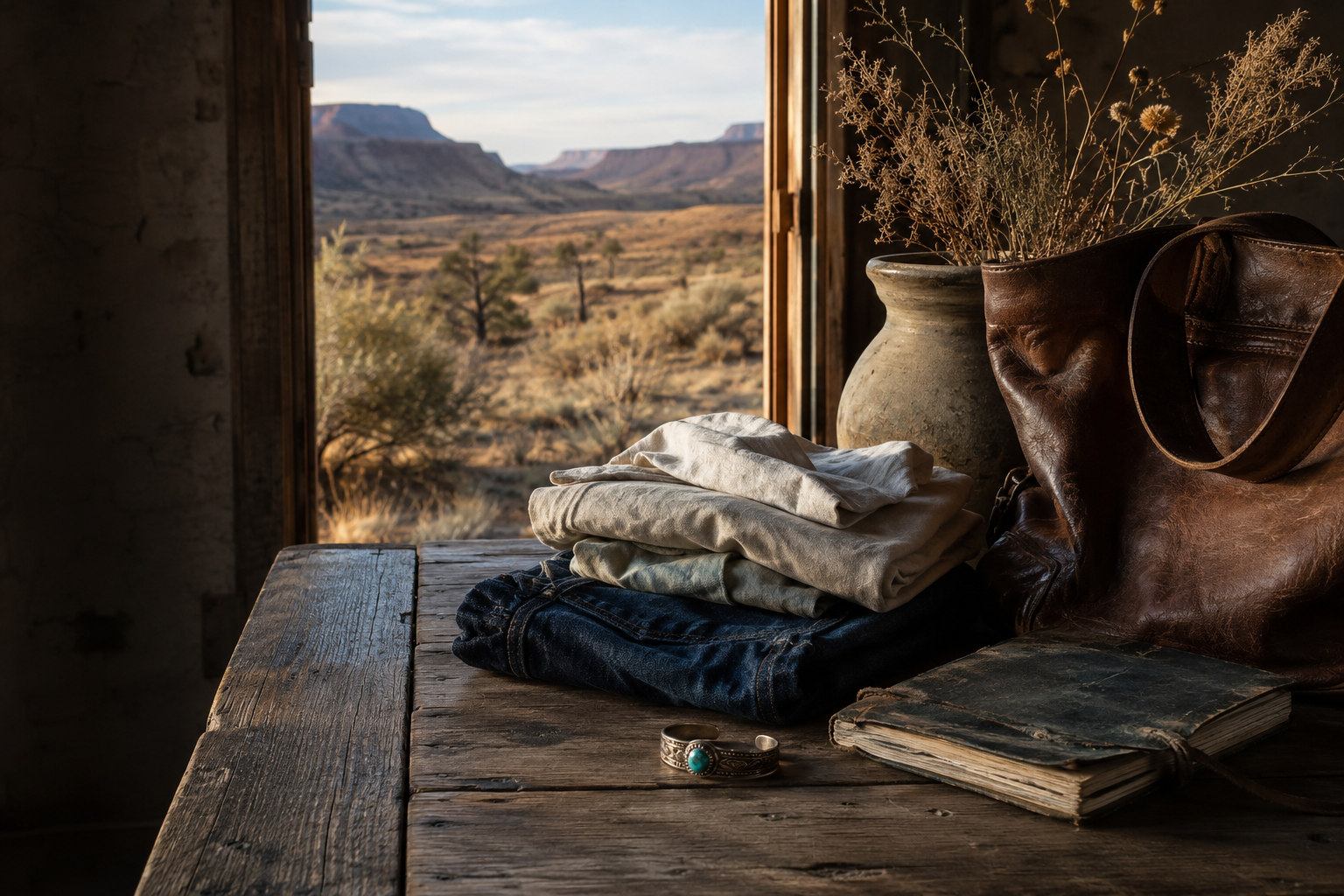 Collected linen, denim, leather, silver and pottery in a high desert ranch house